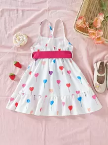 SHEIN Toddler Girls Heart Print Ruffle Hem Belted Cami Dress - White - View 2