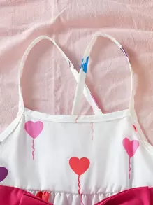 SHEIN Toddler Girls Heart Print Ruffle Hem Belted Cami Dress - White - View 3