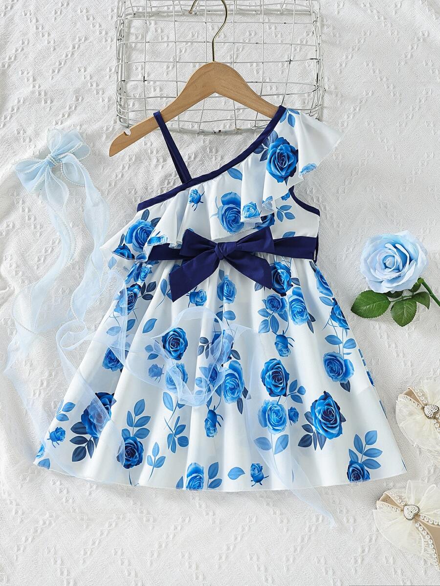 Toddler Girls Floral Print Asymmetrical Neck Ruffle Trim Dress - White - View 1