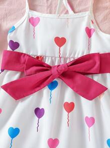 SHEIN Toddler Girls Heart Print Ruffle Hem Belted Cami Dress - White - View 4
