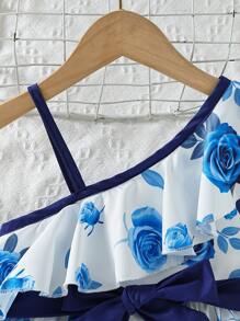 Toddler Girls Floral Print Asymmetrical Neck Ruffle Trim Dress - White - View 3