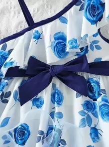 Toddler Girls Floral Print Asymmetrical Neck Ruffle Trim Dress - White - View 4