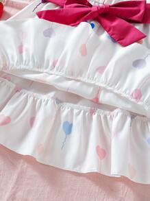 SHEIN Toddler Girls Heart Print Ruffle Hem Belted Cami Dress - White - View 6