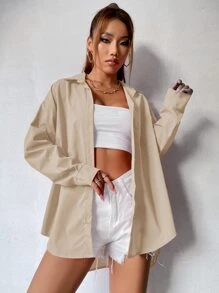 Breezaya 纯色落肩长袖宽松前襟纽扣休闲超大衬衫 - 卡其色 - 查看 4