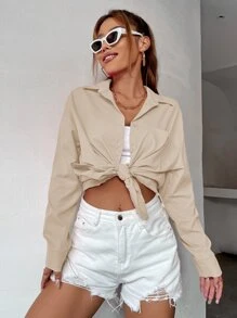 Breezaya 纯色落肩长袖宽松前襟纽扣休闲超大衬衫 - 卡其色 - 查看 5