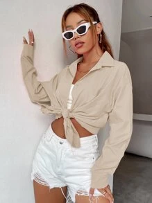 Breezaya 纯色落肩长袖宽松前襟纽扣休闲超大衬衫 - 卡其色 - 查看 6