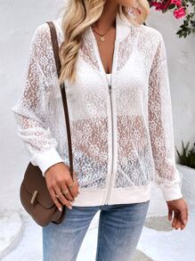 SHEIN LUNE Cazadora tipo bomber con cremallera con encaje - Blanco - Ver 1