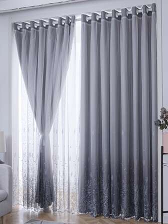 1pc Simple Style Plant Embroidered Blackout Curtain For Living Room