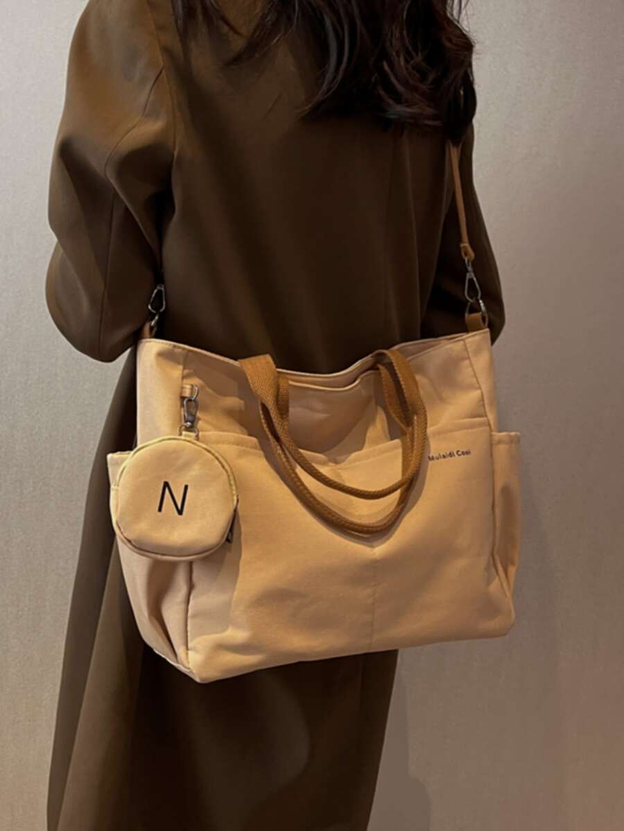 Letter Graphic Shopper Bag With Coin Purse School Bag For Graduate, Teen Girls, Freshman, Sophomore, Junior & Senior In College, University & High School, Perfect For Outdoors ,Travel & Back To School - Khaki - View 1