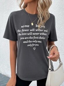 SHEIN LUNE Camiseta con estampado de slogan - Gris Oscuro - Ver 1