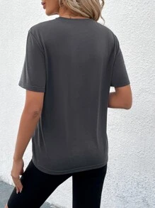 SHEIN LUNE Camiseta con estampado de slogan - Gris Oscuro - Ver 2