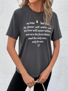SHEIN LUNE Camiseta con estampado de slogan - Gris Oscuro - Ver 3