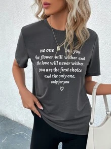 SHEIN LUNE Camiseta con estampado de slogan - Gris Oscuro - Ver 4