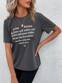 SHEIN LUNE Camiseta con estampado de slogan - Gris Oscuro - Ver 5