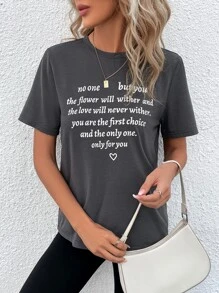 SHEIN LUNE Camiseta con estampado de slogan - Gris Oscuro - Ver 6