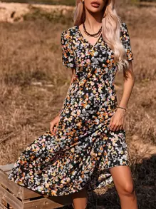 SHEIN VCAY Đầm Viên lá sen Hoa Tất cả trên in Boho - Nhiều màu - Xem 2