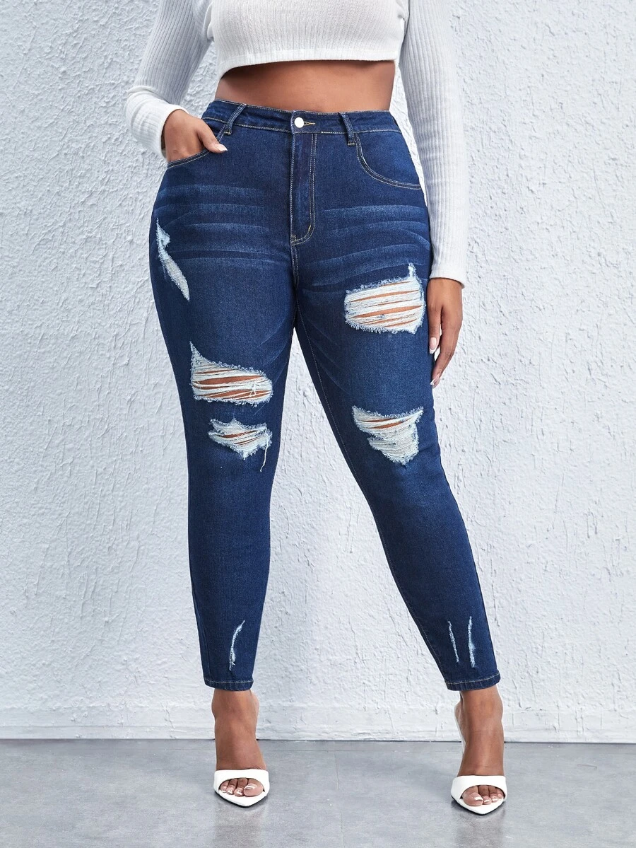 SHEIN SXY Plus High Waist Ripped Skinny Jeans - Dark Wash - View 1