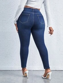 SHEIN SXY Plus High Waist Ripped Skinny Jeans - Dark Wash - View 2