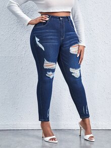 SHEIN SXY Plus High Waist Ripped Skinny Jeans - Dark Wash - View 3