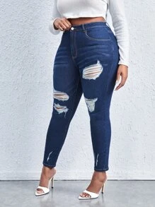 SHEIN SXY Plus High Waist Ripped Skinny Jeans - Dark Wash - View 5