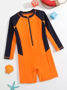 Summer Beach Orange Color-Block Zipper Design Jumpsuit Swimsuit For Young Boys - Multicolor - View 1