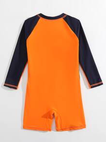 Summer Beach Orange Color-Block Zipper Design Jumpsuit Swimsuit For Young Boys - Multicolor - View 2