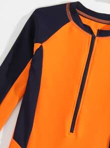 Summer Beach Orange Color-Block Zipper Design Jumpsuit Swimsuit For Young Boys - Multicolor - View 4