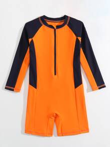Summer Beach Orange Color-Block Zipper Design Jumpsuit Swimsuit For Young Boys - Multicolor - View 5