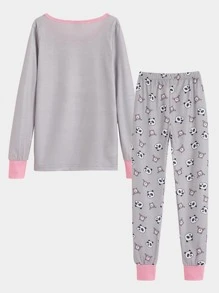 Girls Panda & Slogan Graphic Snug Fit PJ Set - Grey - View 2