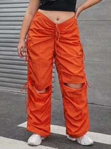 SHEIN Coolane Plus Drawstring Ruched Cut Out Trousers - Orange - View 1