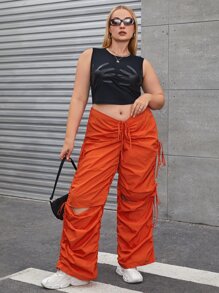 SHEIN Coolane Plus Drawstring Ruched Cut Out Trousers - Orange - View 5