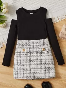 SHEIN Girls Cold Shoulder Tee & Plaid Skirt - Black and White - View 1