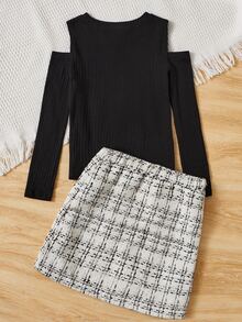 SHEIN Girls Cold Shoulder Tee & Plaid Skirt - Black and White - View 2