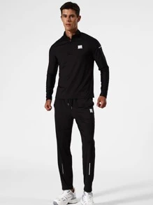 Men Letter Graphic Quarter Zip Sports Jacket & Trousers - Black - View 1