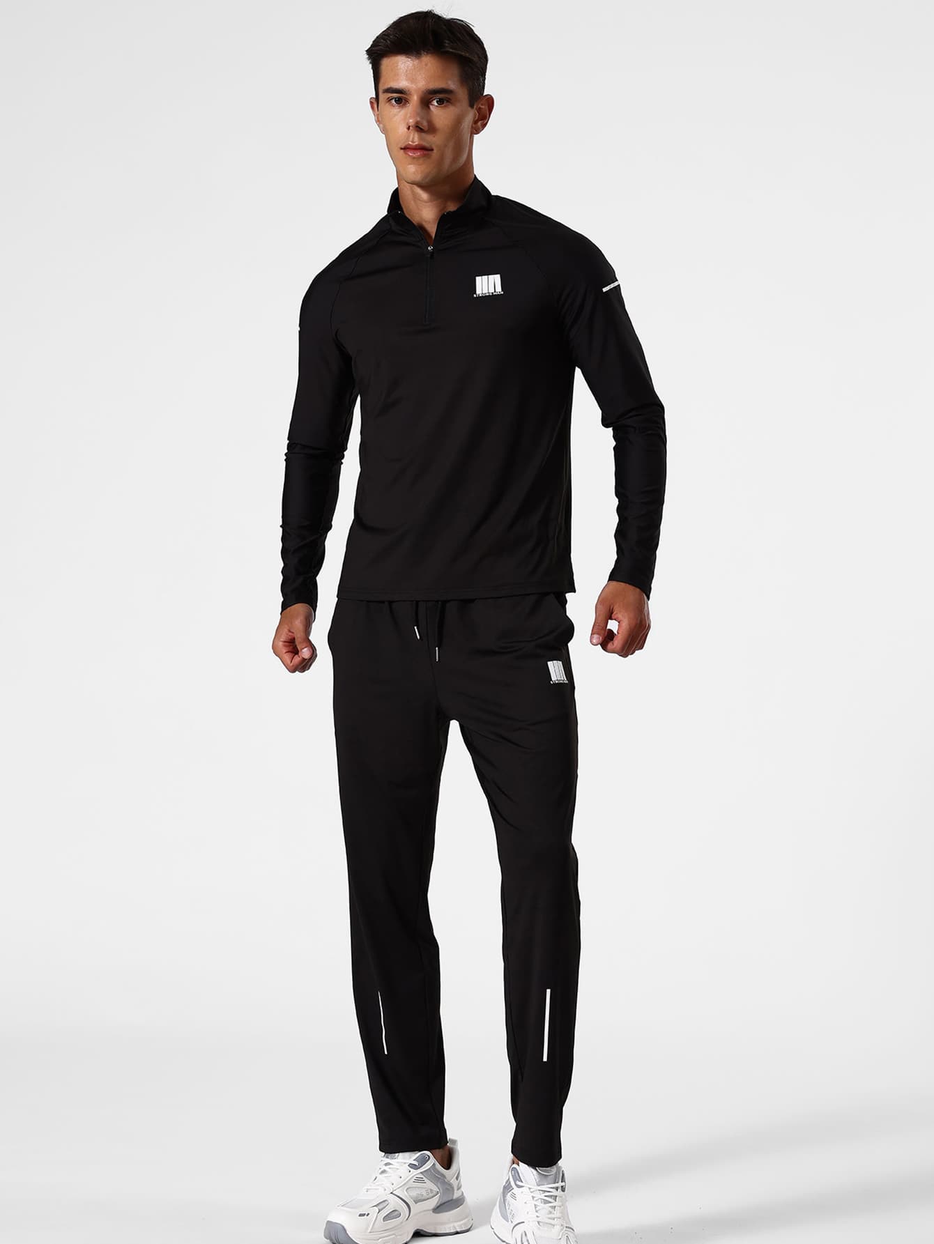 Men Letter Graphic Quarter Zip Sports Jacket & Trousers - Black - View 1