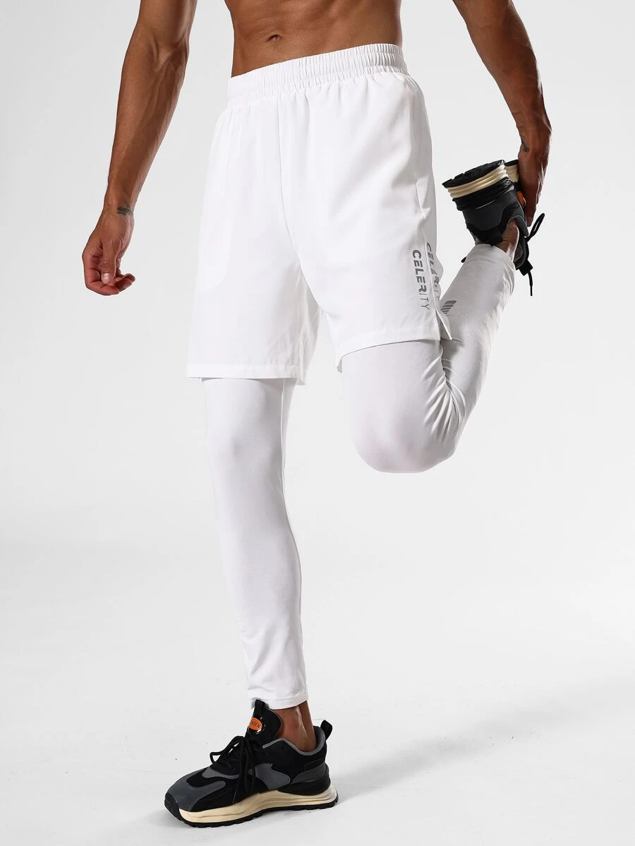 Men Letter Graphic 2 In 1 Sports Trousers With Phone Pocket - White - View 1