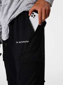 Manfinity Sport Corelite Men Letter Graphic Drawstring Waist Cargo Trousers - Black - View 3