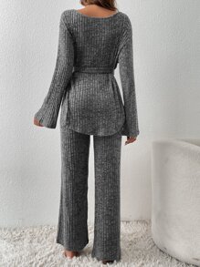 SHEIN Essnce Marled Knit Belted Tee & Flare Leg Trousers - Grey - View 2