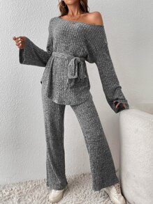 SHEIN Essnce Marled Knit Belted Tee & Flare Leg Trousers - Grey - View 5