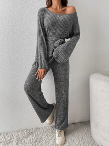 SHEIN Essnce Marled Knit Belted Tee & Flare Leg Trousers - Grey - View 6