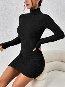 SHEIN Frenchy Turtleneck Ruched Detail Bodycon Dress Winter Party Black Black Spring - Black - View 3