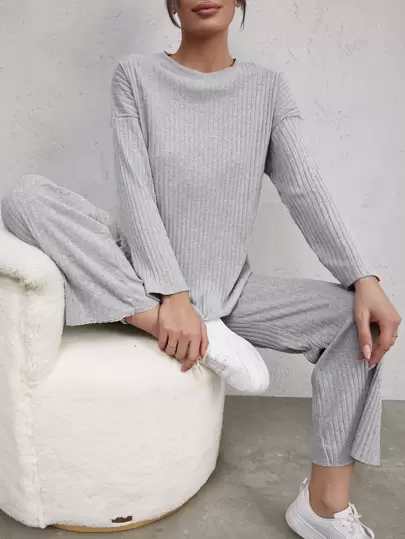 RueChic Drop Shoulder Split Hem Tee & Pants