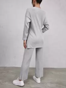 Cloudara Pantalones con camiseta de hombros caídos bajo con abertura - Gris Claro - Ver 2