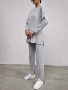 Cloudara Pantalones con camiseta de hombros caídos bajo con abertura - Gris Claro - Ver 3
