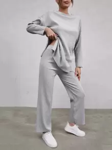 Cloudara Pantalones con camiseta de hombros caídos bajo con abertura - Gris Claro - Ver 4