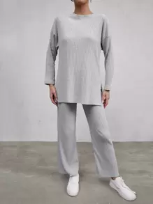 Cloudara Pantalones con camiseta de hombros caídos bajo con abertura - Gris Claro - Ver 5