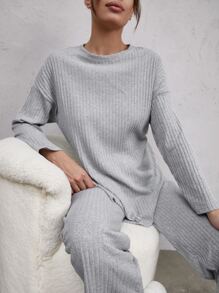 Cloudara Pantalones con camiseta de hombros caídos bajo con abertura - Gris Claro - Ver 6