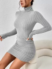 SHEIN Essnce Đầm Xù Gân đan màu trơn Giải trí - Màu Xám nhạt - Xem 6