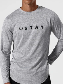 Manfinity Sport Corelite Men Letter Graphic Curved Hem Sports Tee Long Sleeve Shirt - Grey - View 4