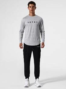 Manfinity Sport Corelite Men Letter Graphic Curved Hem Sports Tee Long Sleeve Shirt - Grey - View 5